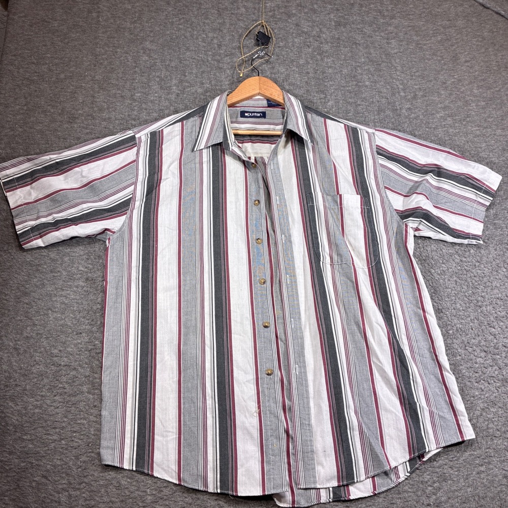 Vintage Puritan Button Up Shirt Western Mens Large Gray Striped Short Sleeve